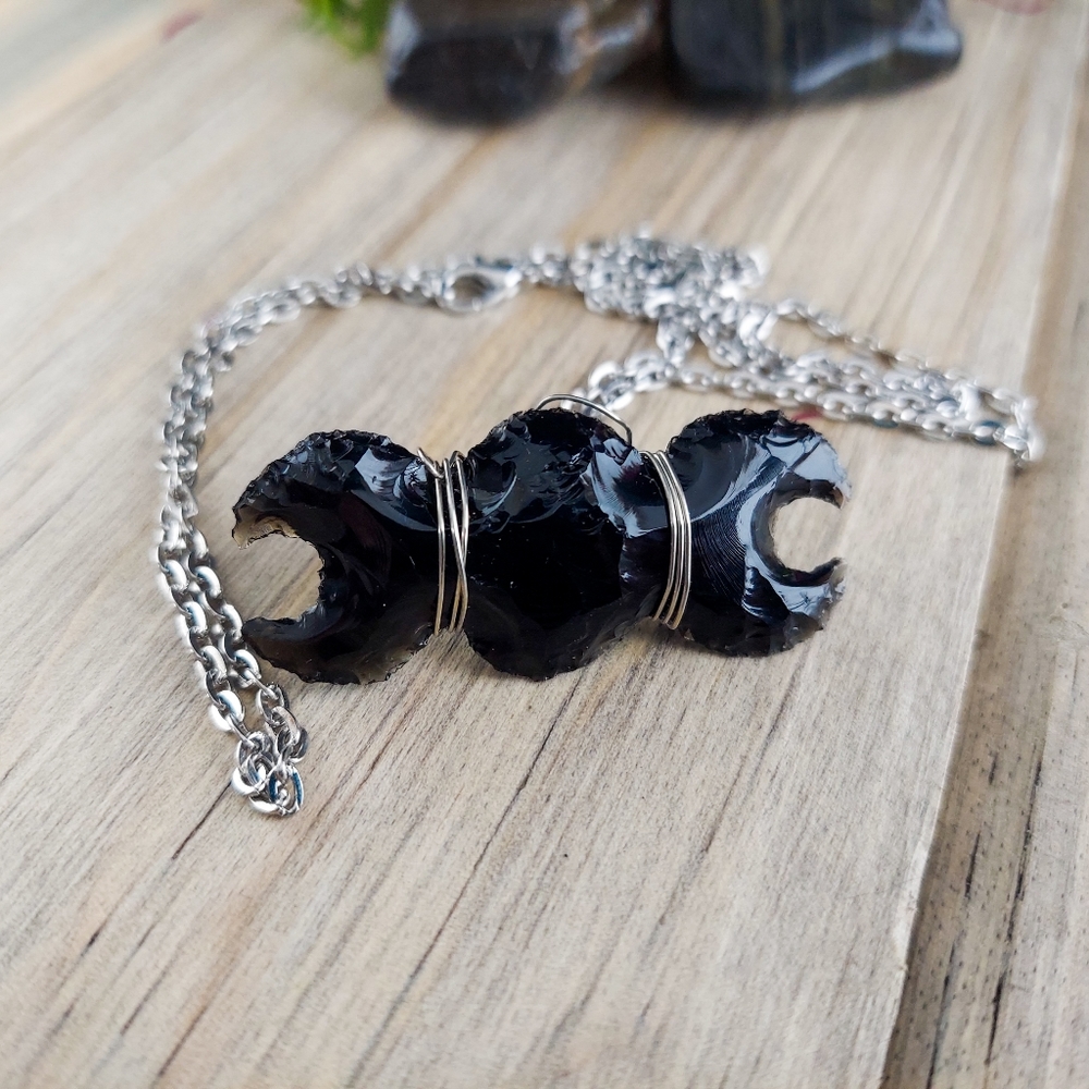 Wire Wrapped Obsidian Triple Moon Necklace